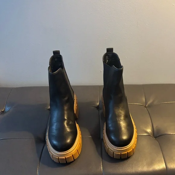 Black Leather Lug Ankle Boots with Tan Soles - Picture 1 of 4